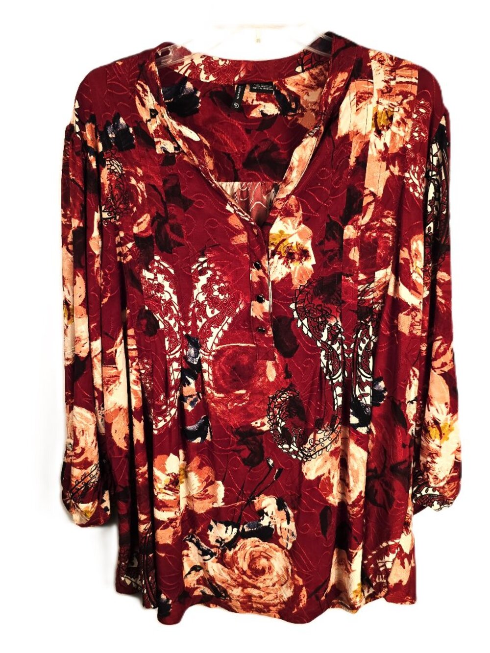 New Directions Curvy Womens Top 3X Maroon Tuck & Fold 3/4 Sleeves Floral Flowy